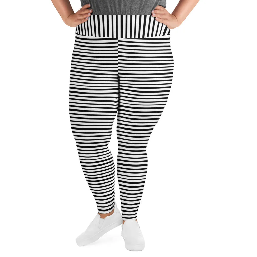 Horizontal Striped Plus Size Leggings, Black White Women's Yoga Pants- Made in USA/EU