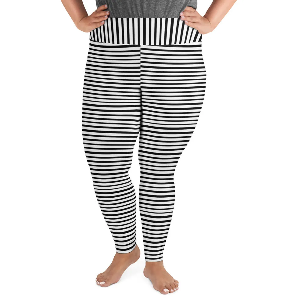 Horizontal Striped Plus Size Leggings, Black White Women's Yoga Pants- Made in USA/EU