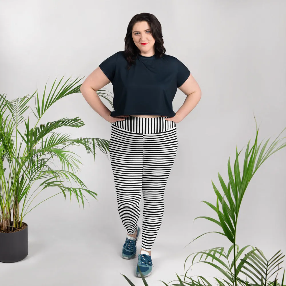 Horizontal Striped Plus Size Leggings, Black White Women's Yoga Pants- Made in USA/EU