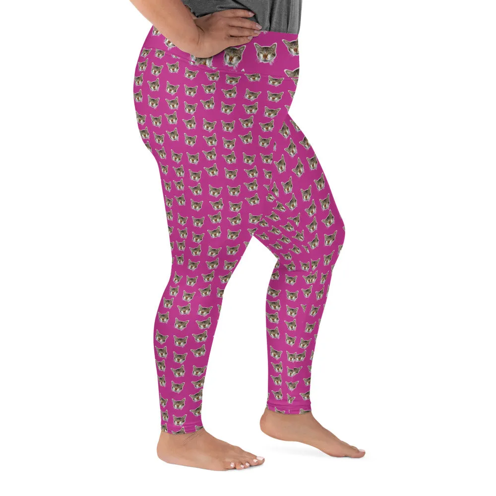 Hot Pink Cat Print Leggings, Women's Plus Size Yoga Leggings Tights - Made in USA/EU