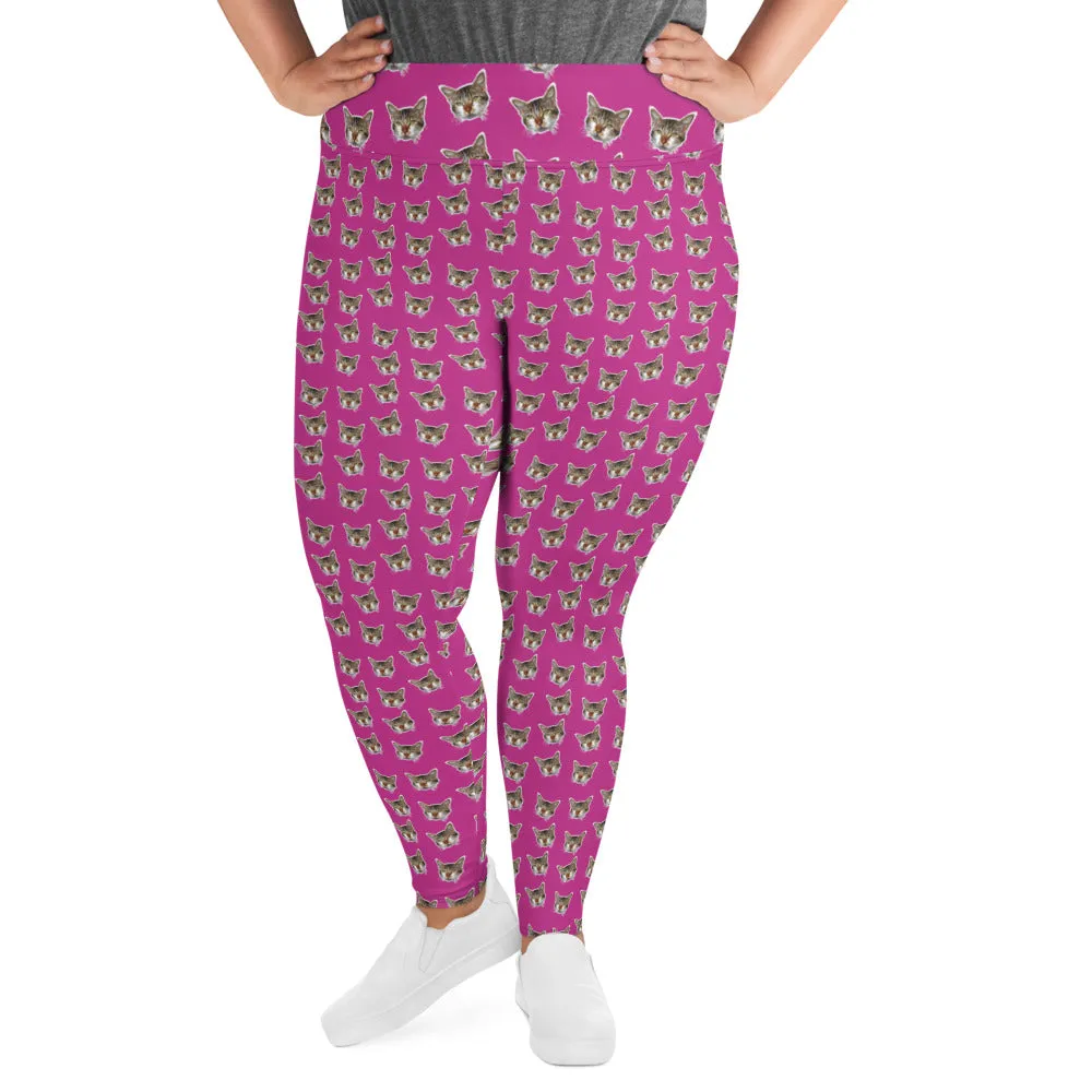 Hot Pink Cat Print Leggings, Women's Plus Size Yoga Leggings Tights - Made in USA/EU