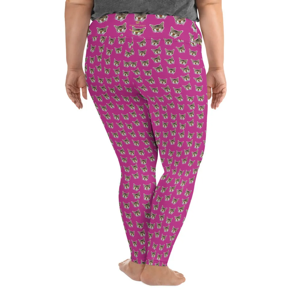 Hot Pink Cat Print Leggings, Women's Plus Size Yoga Leggings Tights - Made in USA/EU