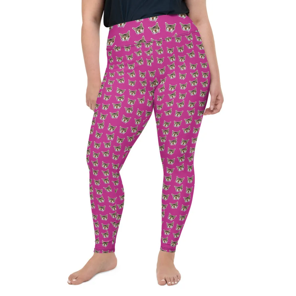 Hot Pink Cat Print Leggings, Women's Plus Size Yoga Leggings Tights - Made in USA/EU