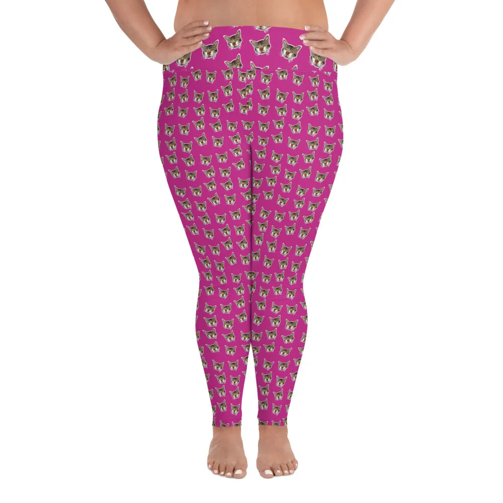 Hot Pink Cat Print Leggings, Women's Plus Size Yoga Leggings Tights - Made in USA/EU