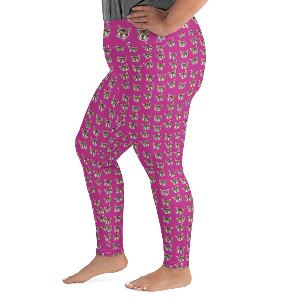 Hot Pink Cat Print Leggings, Women's Plus Size Yoga Leggings Tights - Made in USA/EU