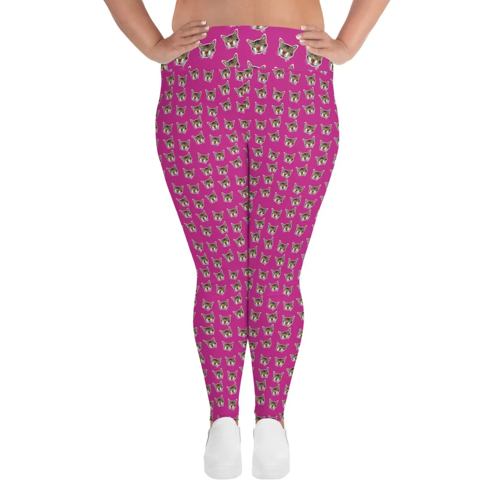 Hot Pink Cat Print Leggings, Women's Plus Size Yoga Leggings Tights - Made in USA/EU