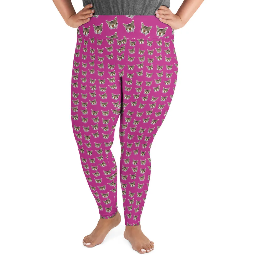 Hot Pink Cat Print Leggings, Women's Plus Size Yoga Leggings Tights - Made in USA/EU