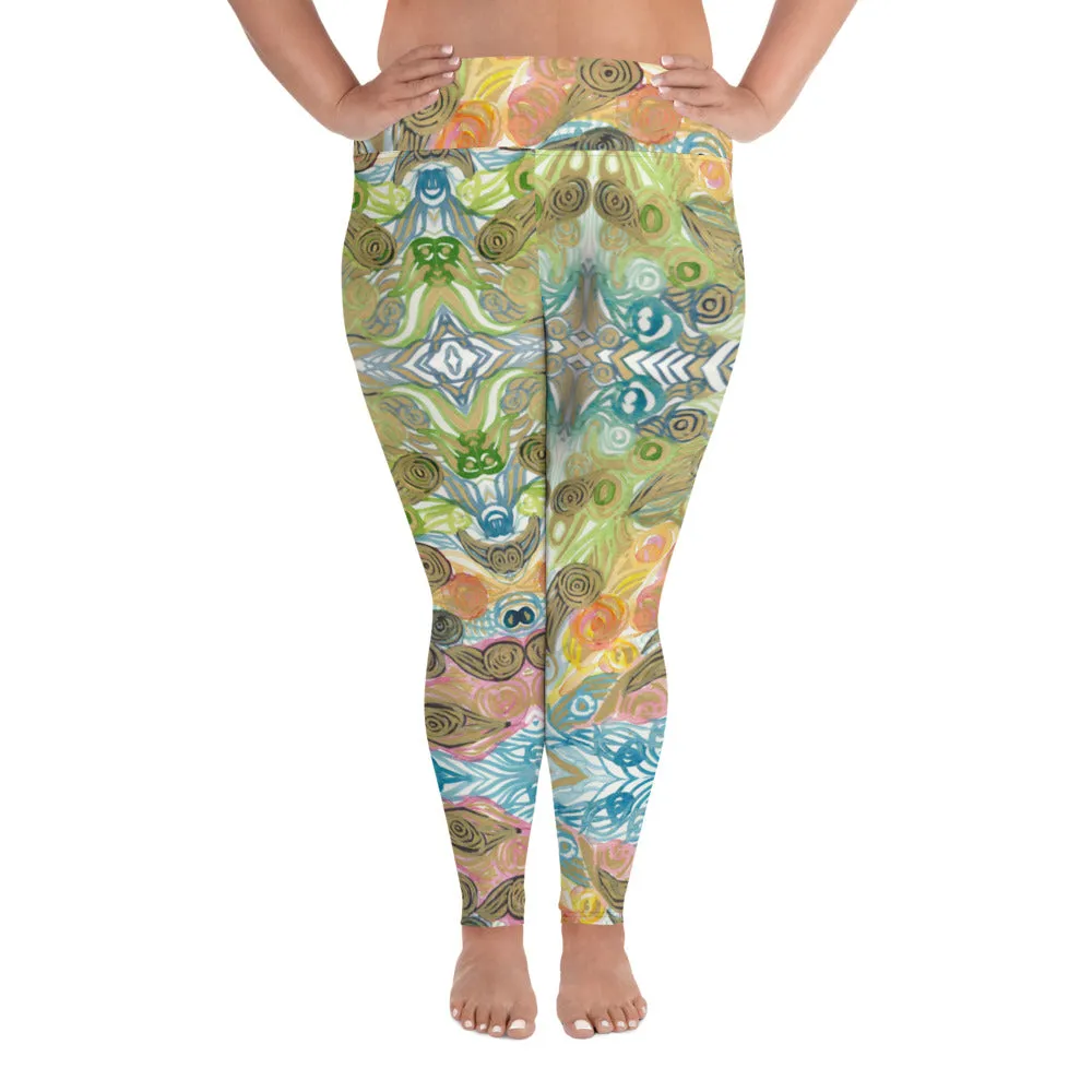 Japanese Wave Style Tights, Abstract Print Plus Size Leggings For Curvy Ladies - Made in USA/EU/MX