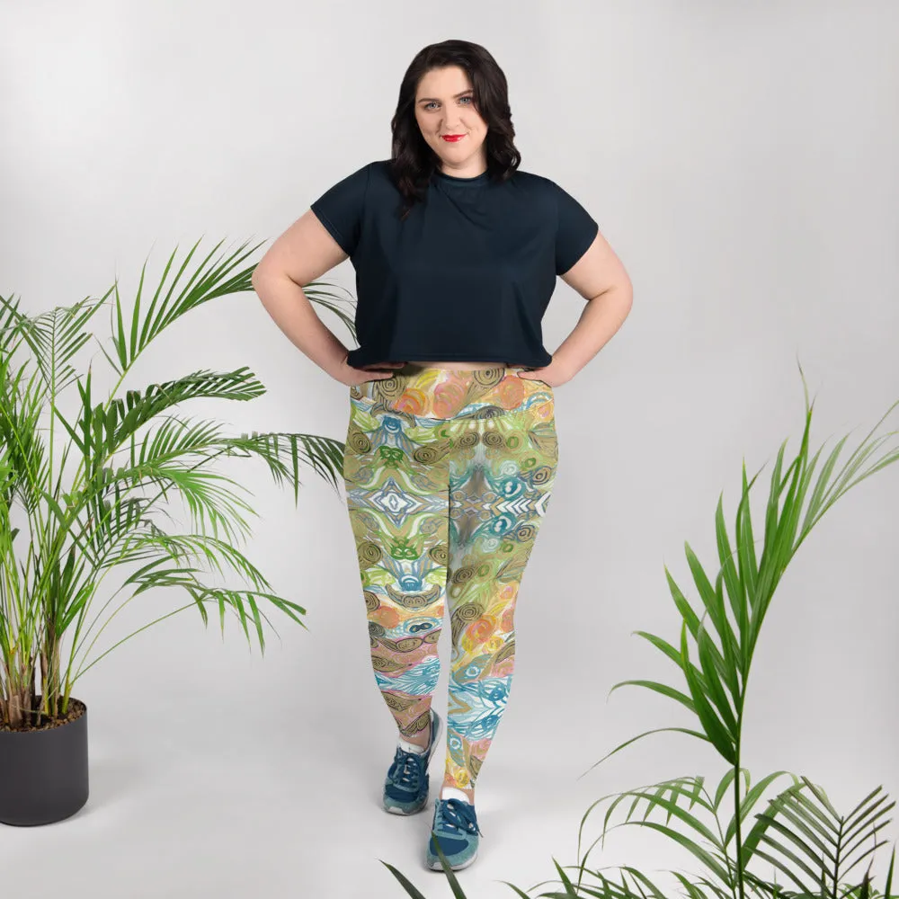 Japanese Wave Style Tights, Abstract Print Plus Size Leggings For Curvy Ladies - Made in USA/EU/MX