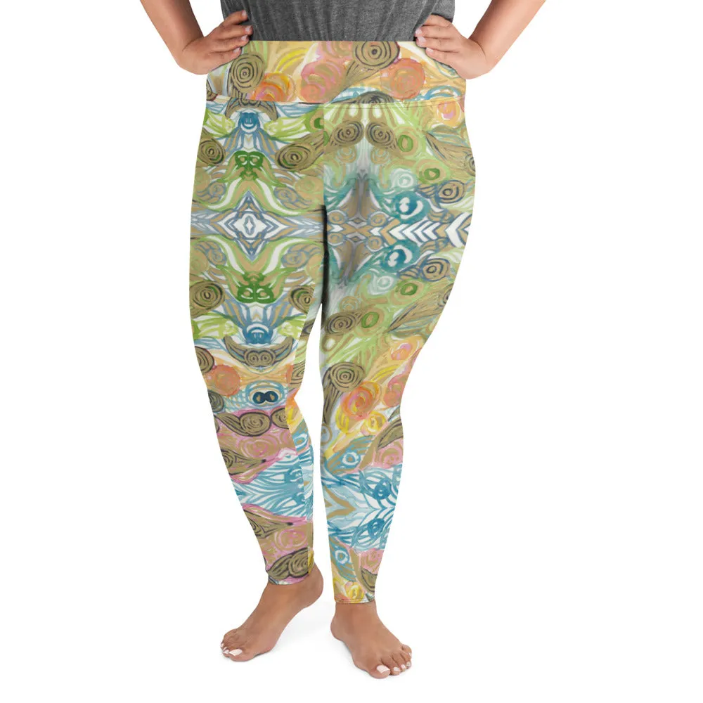 Japanese Wave Style Tights, Abstract Print Plus Size Leggings For Curvy Ladies - Made in USA/EU/MX