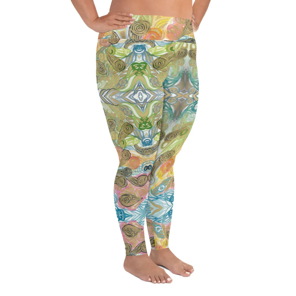 Japanese Wave Style Tights, Abstract Print Plus Size Leggings For Curvy Ladies - Made in USA/EU/MX