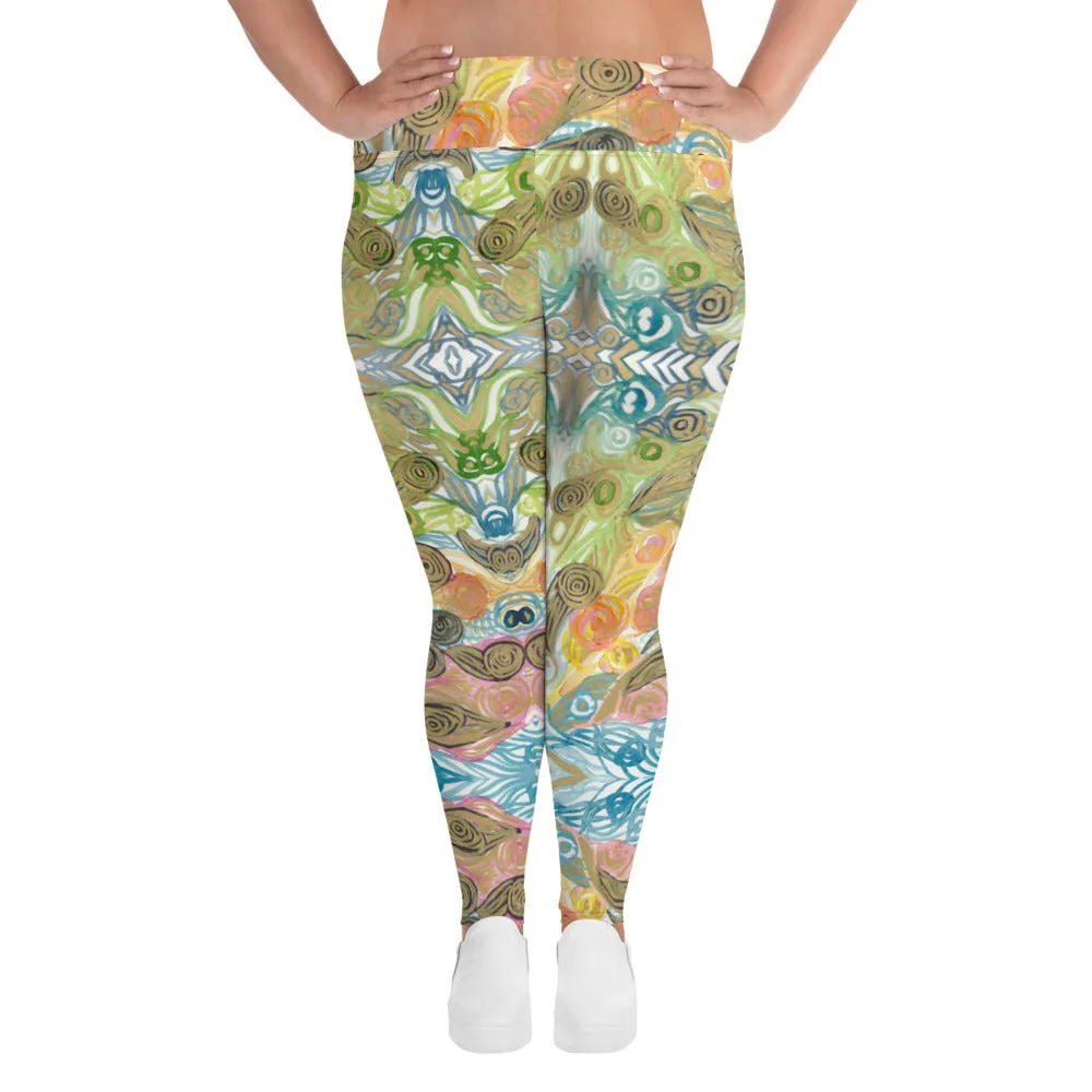 Japanese Wave Style Tights, Abstract Print Plus Size Leggings For Curvy Ladies - Made in USA/EU/MX