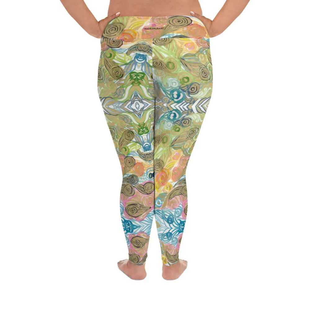 Japanese Wave Style Tights, Abstract Print Plus Size Leggings For Curvy Ladies - Made in USA/EU/MX