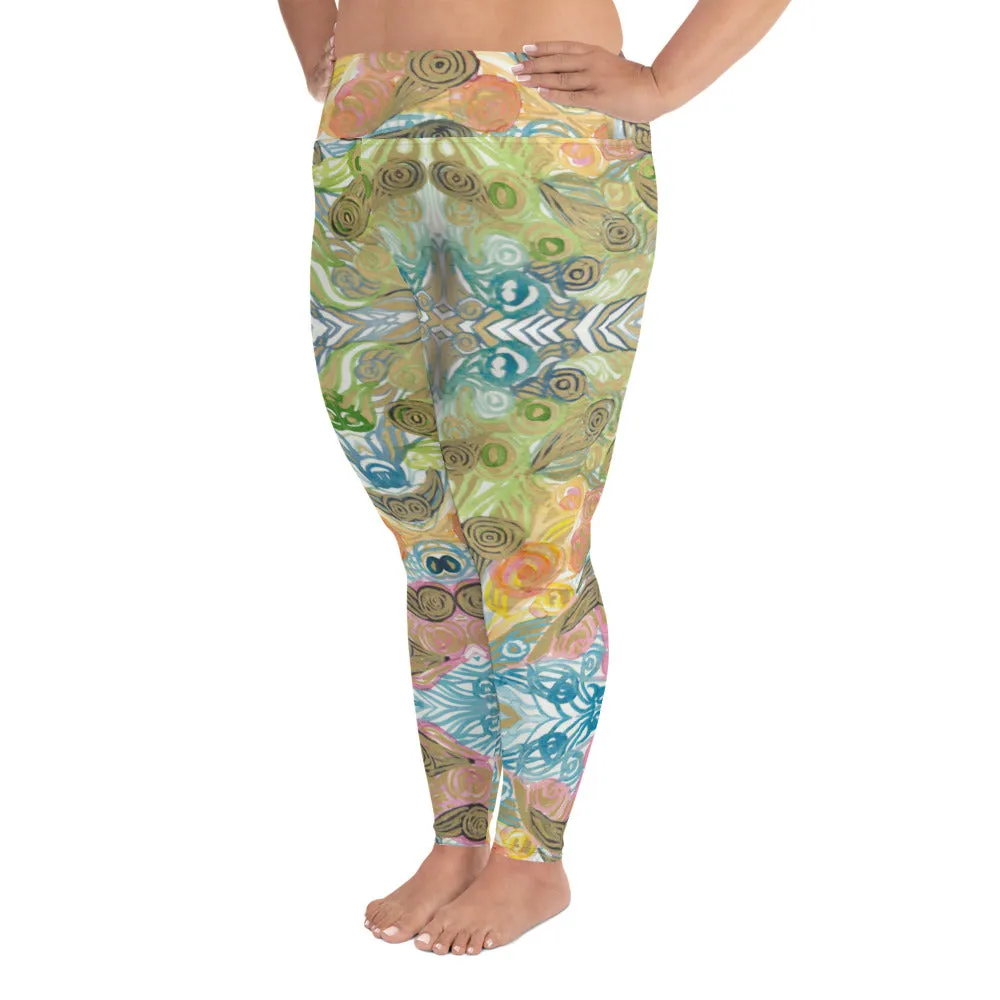 Japanese Wave Style Tights, Abstract Print Plus Size Leggings For Curvy Ladies - Made in USA/EU/MX