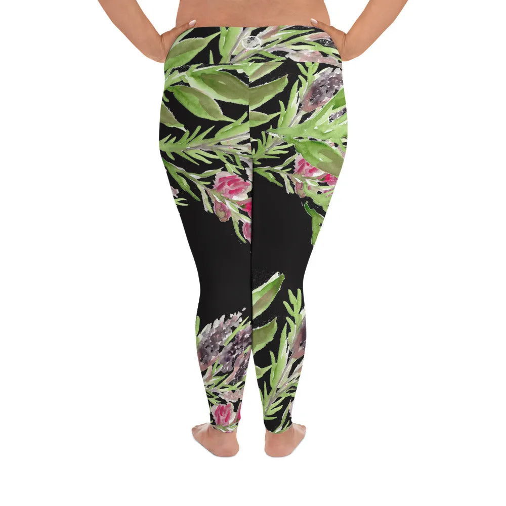 Lavender Plus Size Leggings, Black Floral Print Women's Long Yoga Pants-Made in USA/EU