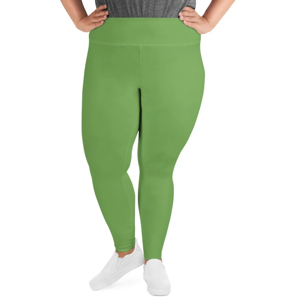 Leaf Green Solid Color Tights, Modern Premium Best Women's Plus Size Leggings- Made in USA/EU