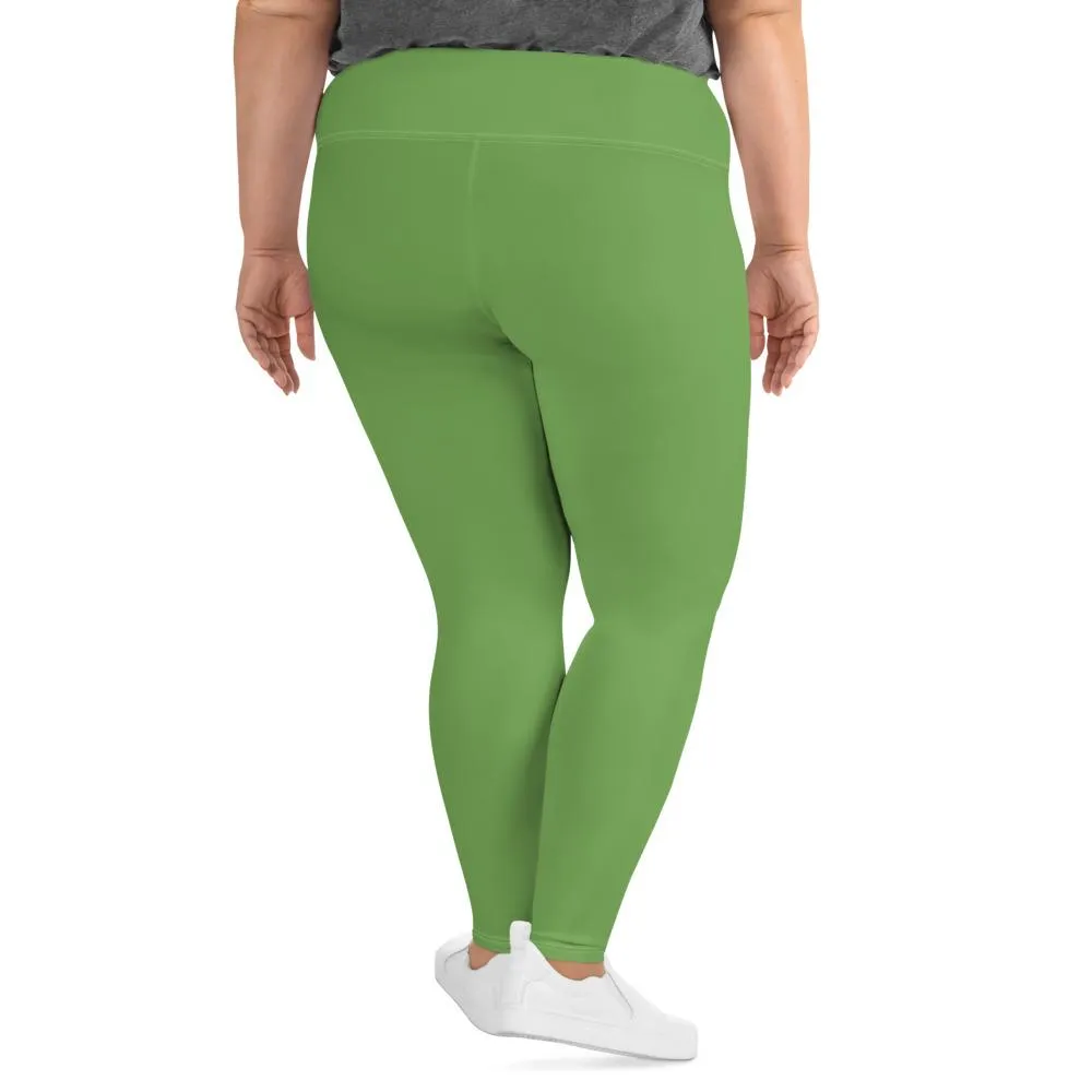 Leaf Green Solid Color Tights, Modern Premium Best Women's Plus Size Leggings- Made in USA/EU