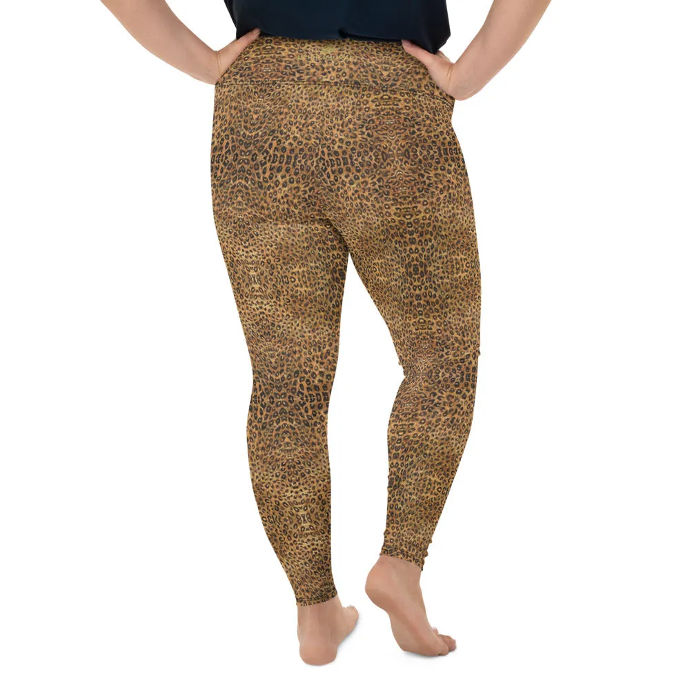 Leopard Plus Size Leggings, Brown Animal Print Yoga Pants For Women-Made in USA/EU