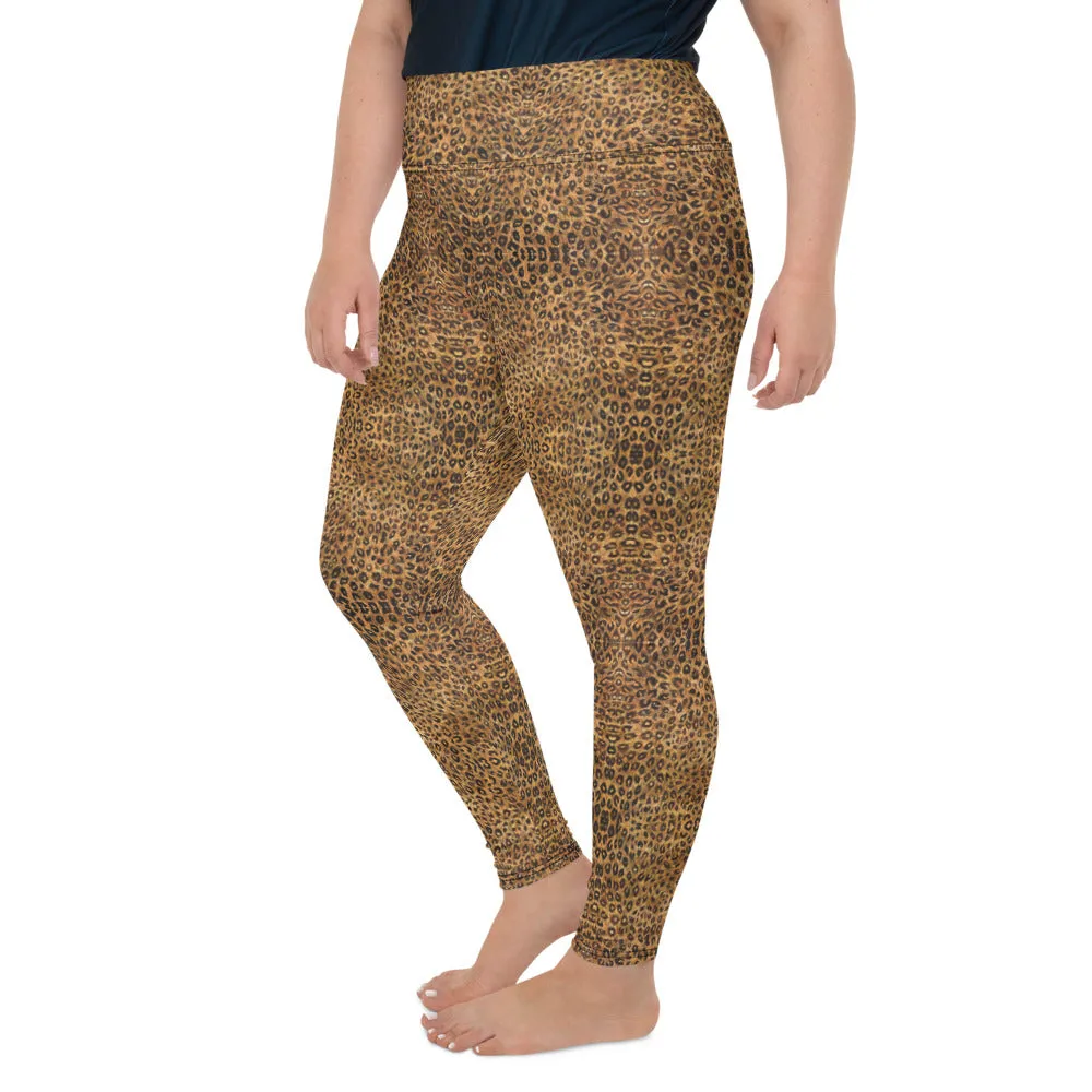 Leopard Plus Size Leggings, Brown Animal Print Yoga Pants For Women-Made in USA/EU