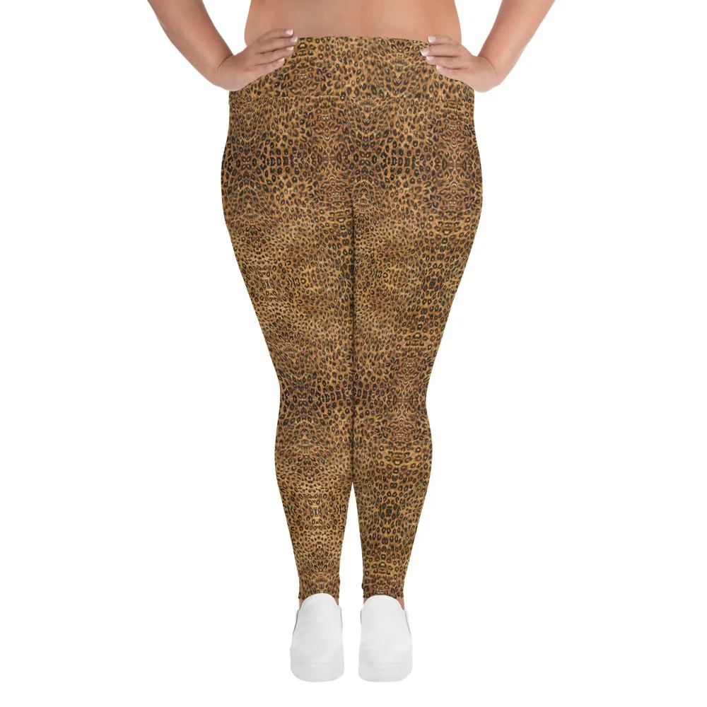 Leopard Plus Size Leggings, Brown Animal Print Yoga Pants For Women-Made in USA/EU