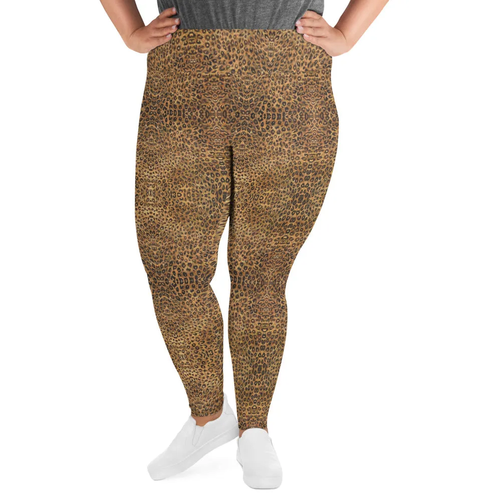 Leopard Plus Size Leggings, Brown Animal Print Yoga Pants For Women-Made in USA/EU