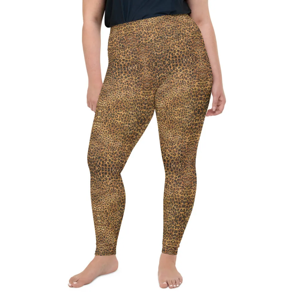 Leopard Plus Size Leggings, Brown Animal Print Yoga Pants For Women-Made in USA/EU