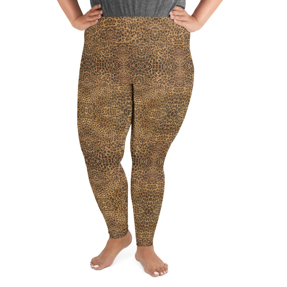 Leopard Plus Size Leggings, Brown Animal Print Yoga Pants For Women-Made in USA/EU