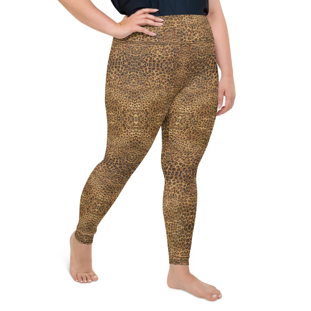 Leopard Plus Size Leggings, Brown Animal Print Yoga Pants For Women-Made in USA/EU