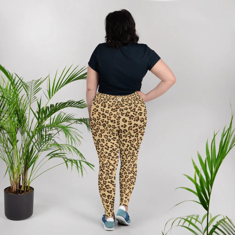 Leopard Print Plus Size Leggings, Animal Print Women's Long Yoga Pants-Made in USA/EU