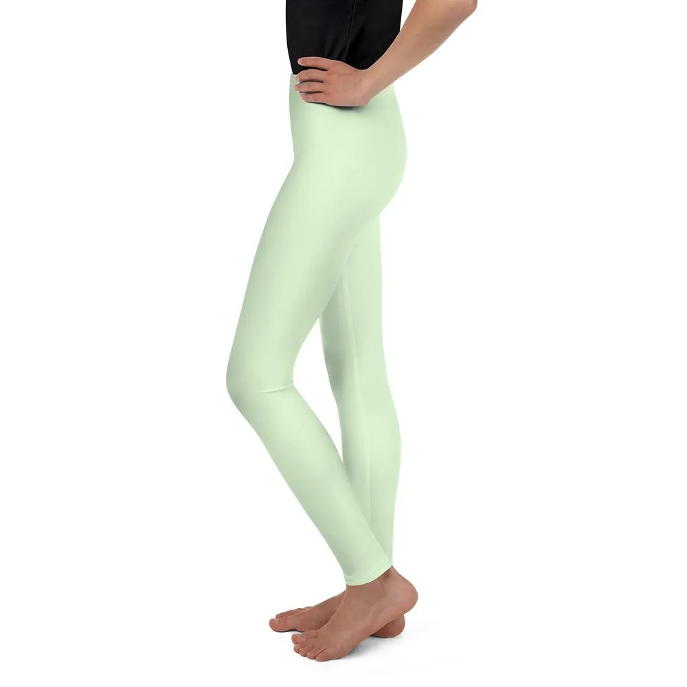 Light Lime Pastel Green Solid Color Print Premium Youth Leggings- Made in USA/ EU