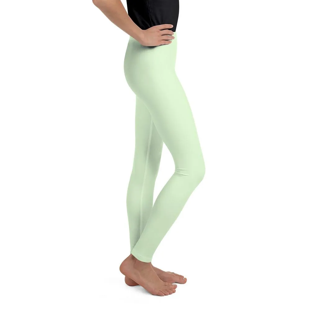 Light Lime Pastel Green Solid Color Print Premium Youth Leggings- Made in USA/ EU