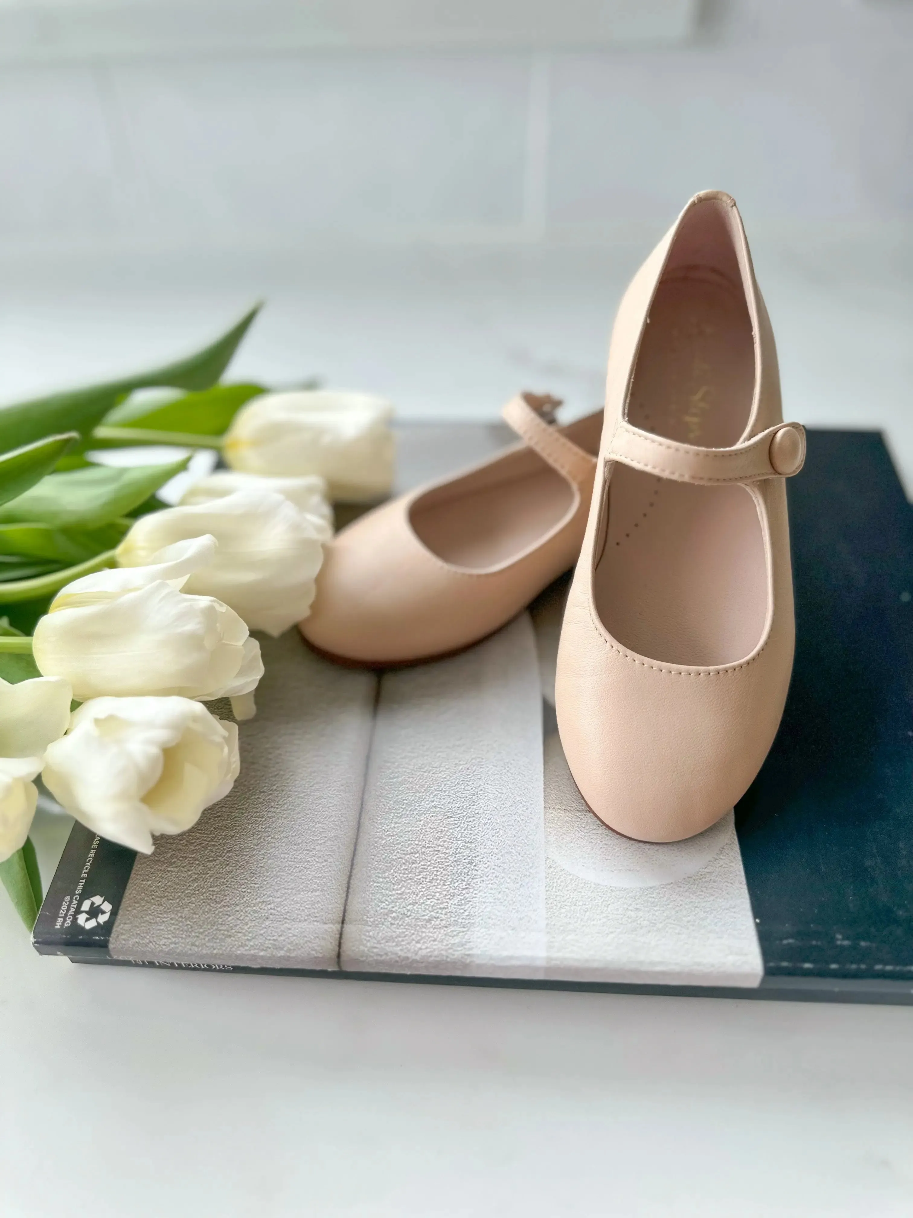 London- Beige Leather Mary Jane Shoes