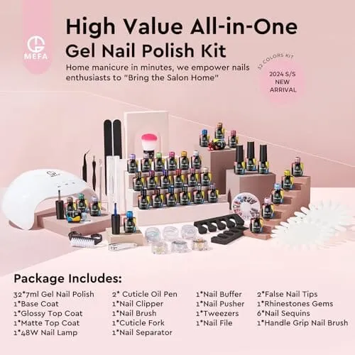 MEFA 56 Pcs Gel Nail Polish Kit with U V Light, 32 Colors