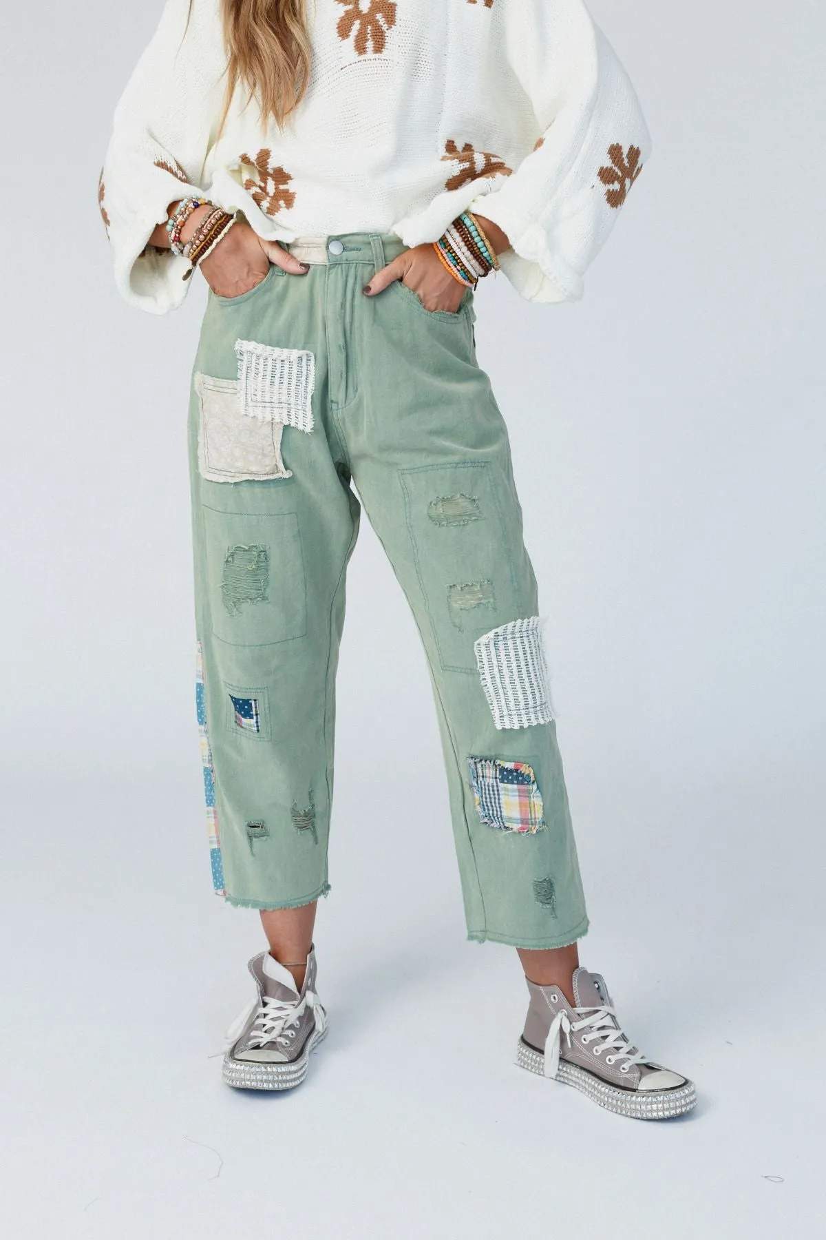 Offshore Patchwork Detail Pants - Light Green