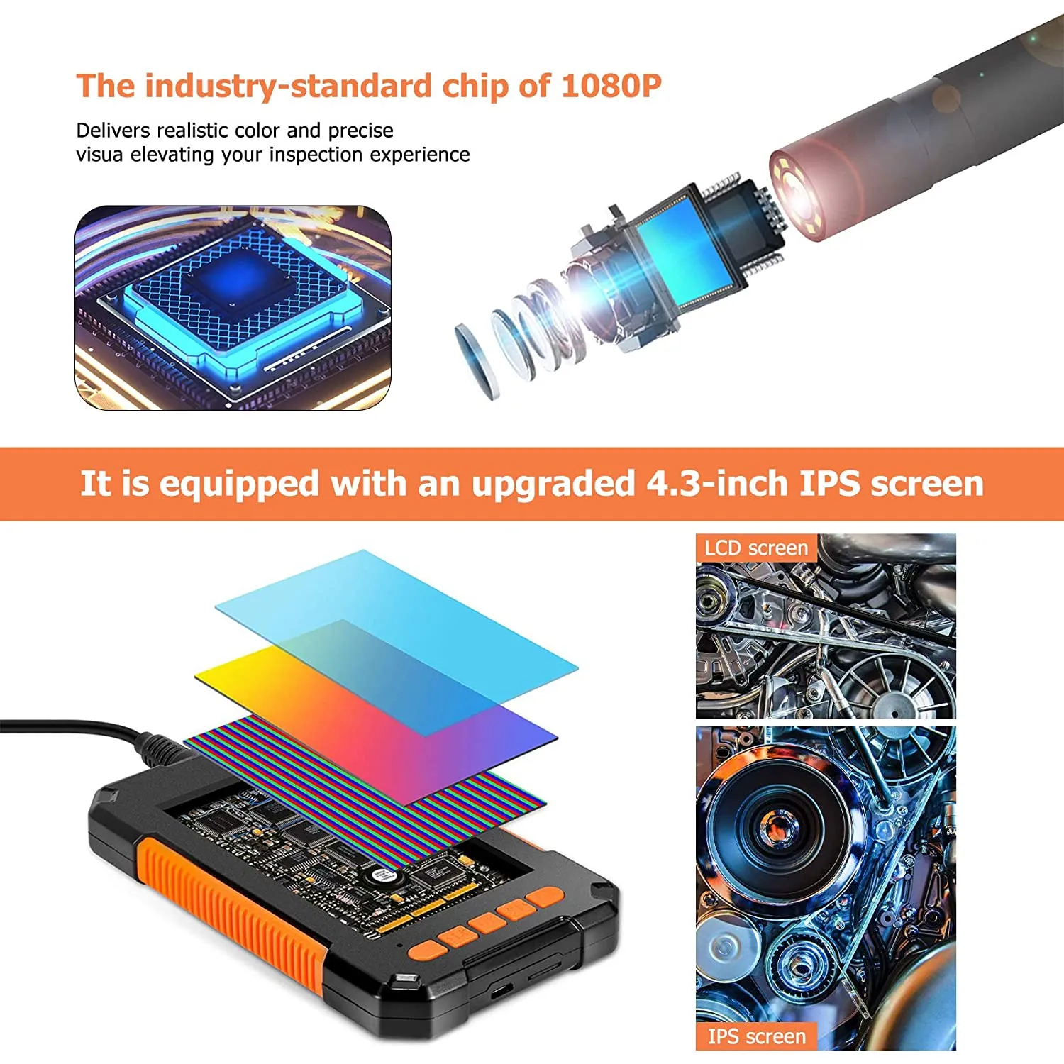 P40 8mm Single Dual Lens Industrial Endoscope 1080P 4.3 &quot; IPS LCD Digital Inspection Camera With 8 LED For Car Sewer Checking