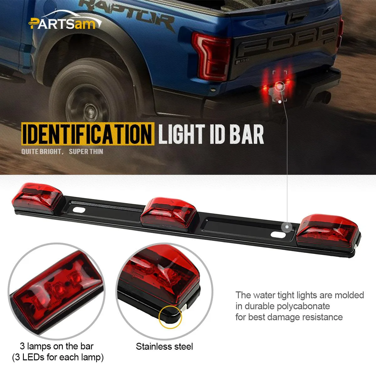 Partsam Red Clearance ID BAR Marker Light 3 Light 9 LED Trailer Sealed Stainless Steel, Sealed 3-Light Truck and Trailer Identification LED Light Bar Red Led Strip w/Black Base