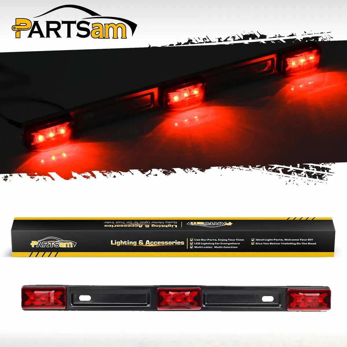 Partsam Red Clearance ID BAR Marker Light 3 Light 9 LED Trailer Sealed Stainless Steel, Sealed 3-Light Truck and Trailer Identification LED Light Bar Red Led Strip w/Black Base