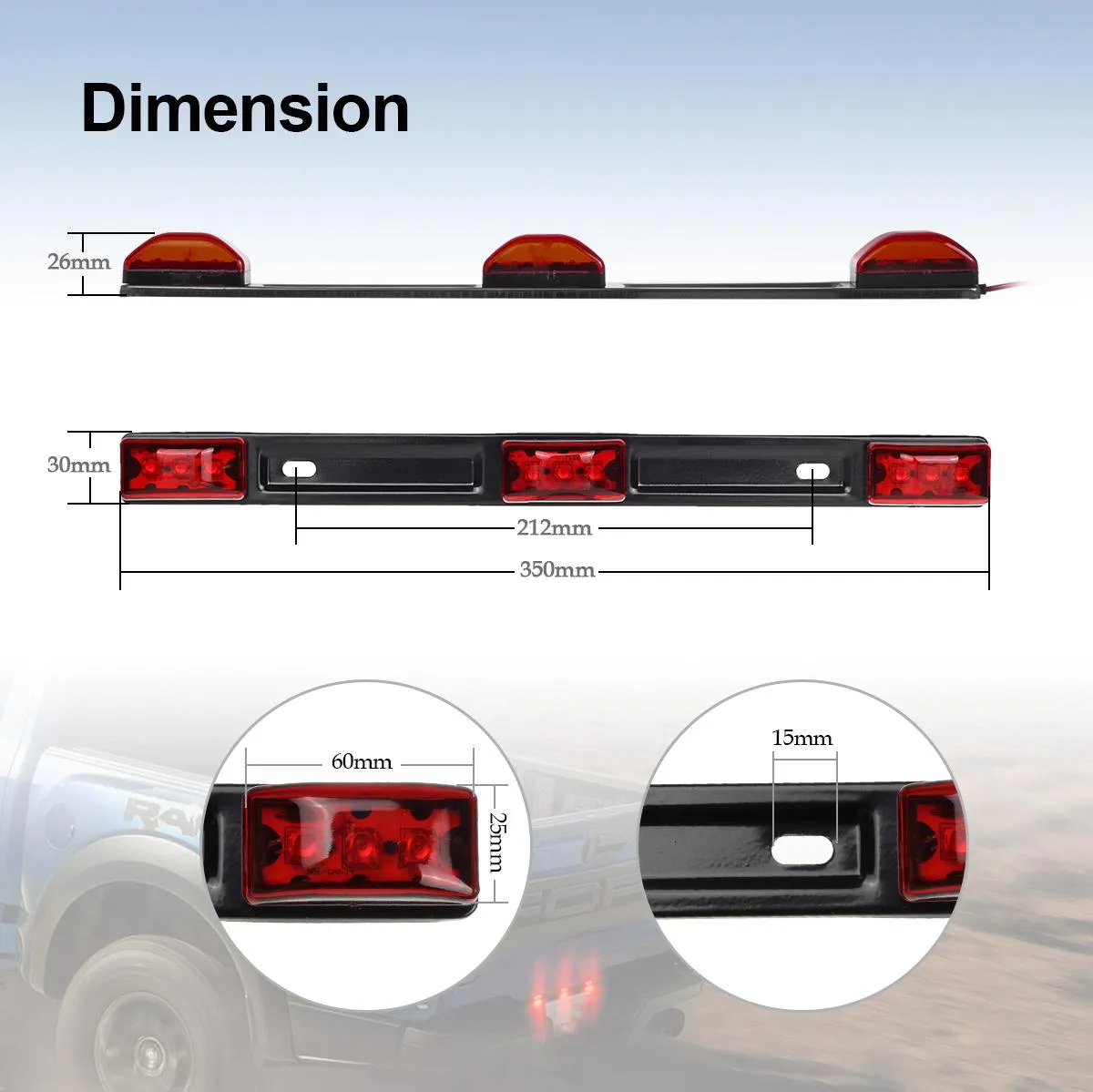 Partsam Red Clearance ID BAR Marker Light 3 Light 9 LED Trailer Sealed Stainless Steel, Sealed 3-Light Truck and Trailer Identification LED Light Bar Red Led Strip w/Black Base