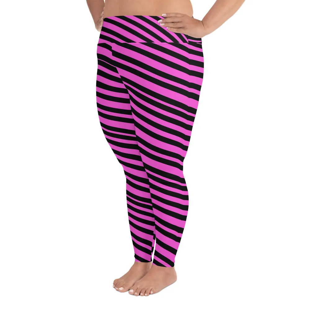 Pink Black Plus Size Tights, Hot Pink Best Diagonal Stripe Print Women's Plus Size Leggings - Made in USA (US Size: 2XL-6XL)