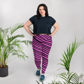 Pink Black Plus Size Tights, Hot Pink Best Diagonal Stripe Print Women's Plus Size Leggings - Made in USA (US Size: 2XL-6XL)