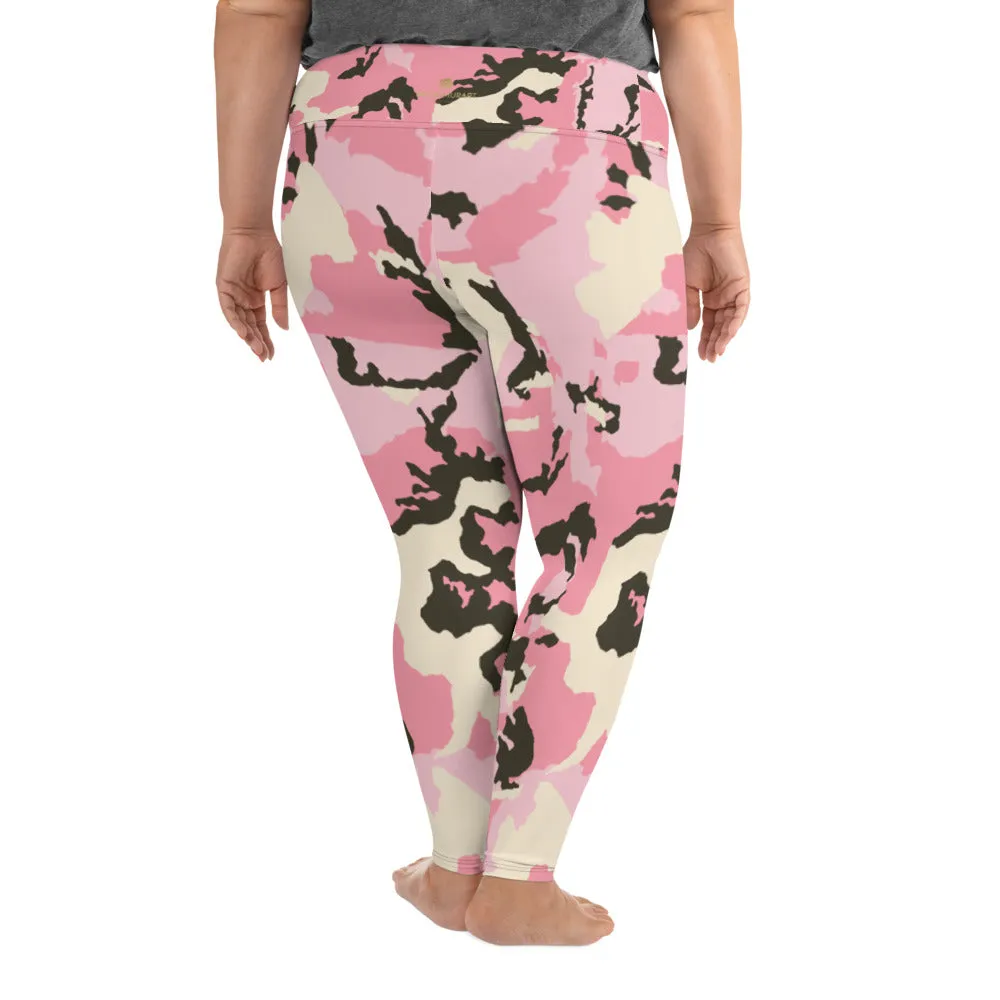 Pink Camouflage Plus Size Tights, Best Camo Military Army Print Women's Plus Size Leggings- Made in USA/ EU