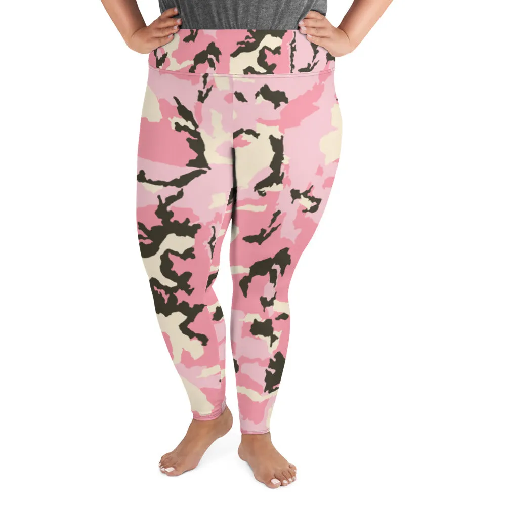 Pink Camouflage Plus Size Tights, Best Camo Military Army Print Women's Plus Size Leggings- Made in USA/ EU