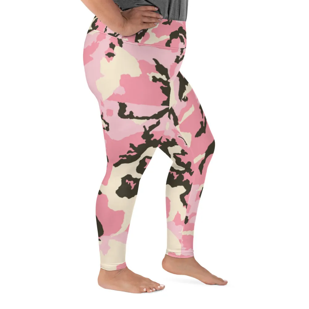 Pink Camouflage Plus Size Tights, Best Camo Military Army Print Women's Plus Size Leggings- Made in USA/ EU