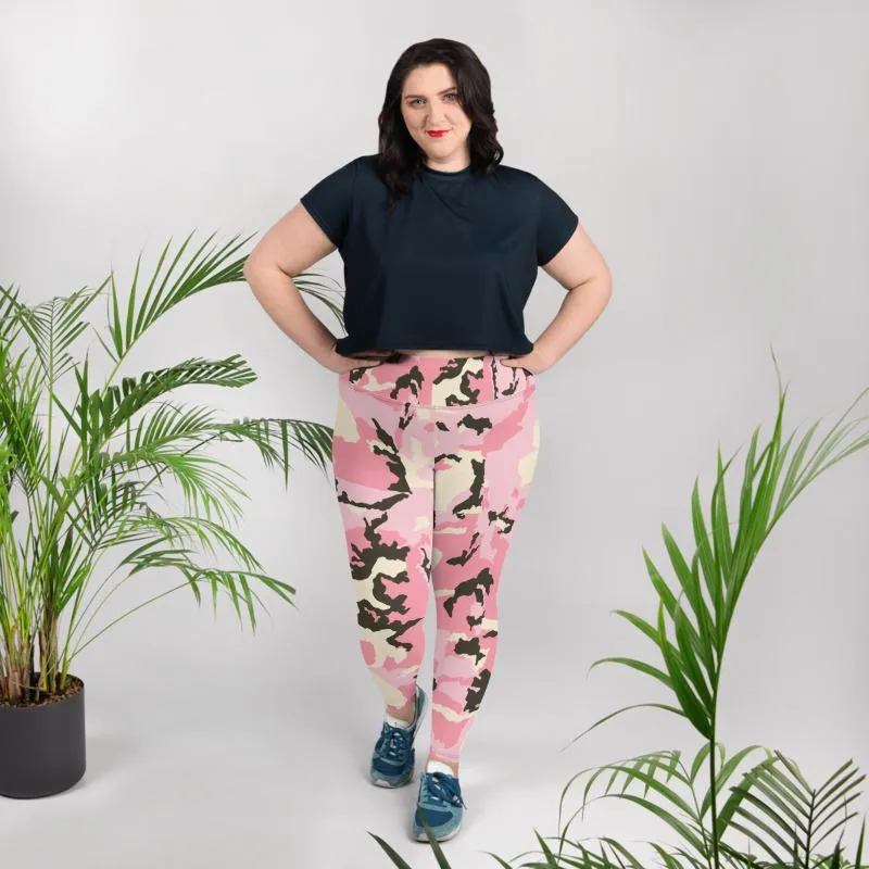 Pink Camouflage Plus Size Tights, Best Camo Military Army Print Women's Plus Size Leggings- Made in USA/ EU