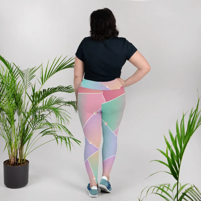 Pink Geometric Plus Size Leggings, Ombre Pastel Women's Yoga Pants- Made in USA/ EU