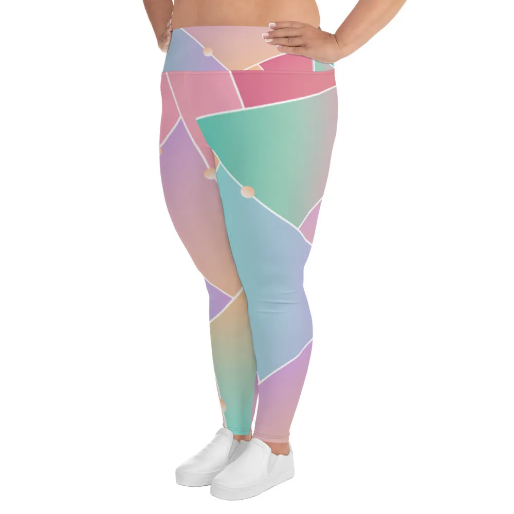 Pink Geometric Plus Size Leggings, Ombre Pastel Women's Yoga Pants- Made in USA/ EU