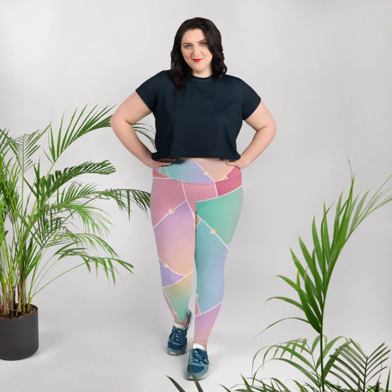 Pink Geometric Plus Size Leggings, Ombre Pastel Women's Yoga Pants- Made in USA/ EU