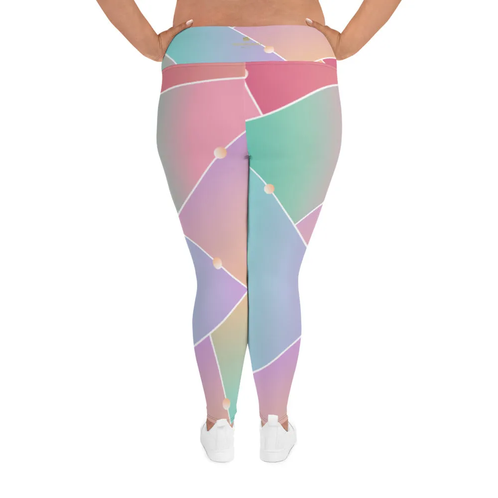 Pink Geometric Plus Size Leggings, Ombre Pastel Women's Yoga Pants- Made in USA/ EU