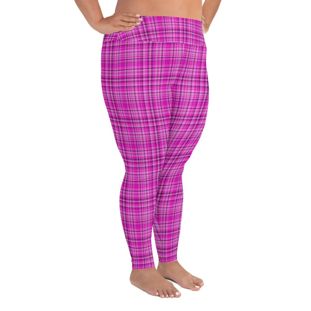 Pink Tartan Plaid Print Tights, Best Scottish Plaid Print Women's Long Yoga Pants Plus Size Leggings