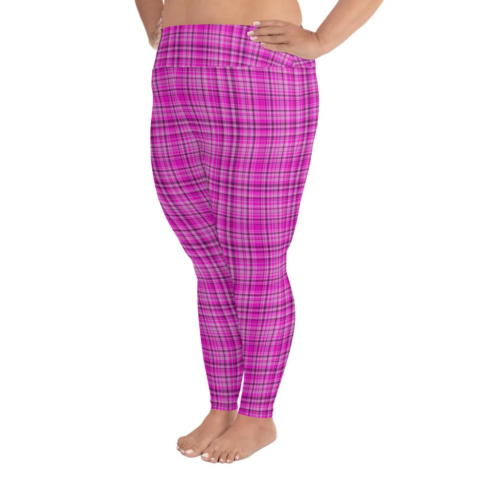 Pink Tartan Plaid Print Tights, Best Scottish Plaid Print Women's Long Yoga Pants Plus Size Leggings